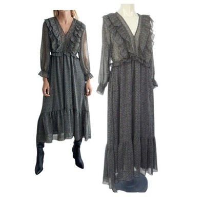 ZARA Midikleid transparent Rüschen V-Ausschnitt grau Boho romantisch Anlass UK S