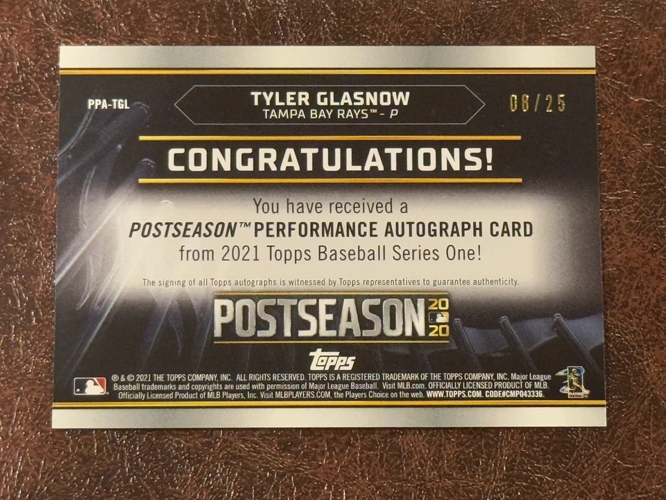 Topps 2021 #PPA-TGL Tyler Glasnow postemporada rendimiento automático naranja/25 Foto 2 de 2