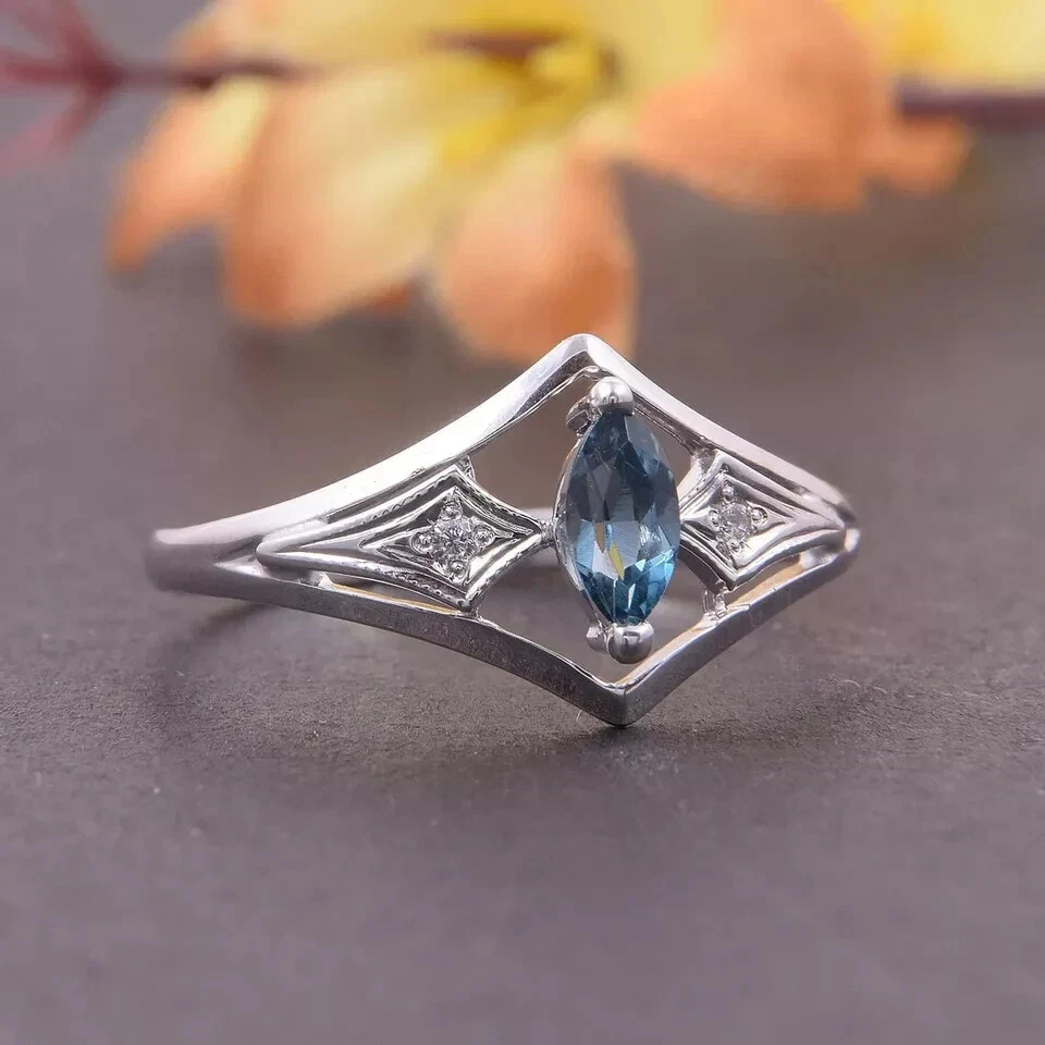 Anel feminino estilo exclusivo corte marquesa safira criado em laboratório ouro branco 14k FN - Imagem 3 de 4
