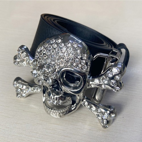 Skull and Cross Bone Pirate Halloween Belt Buckle with Rhinestone - Picture 3 of 7