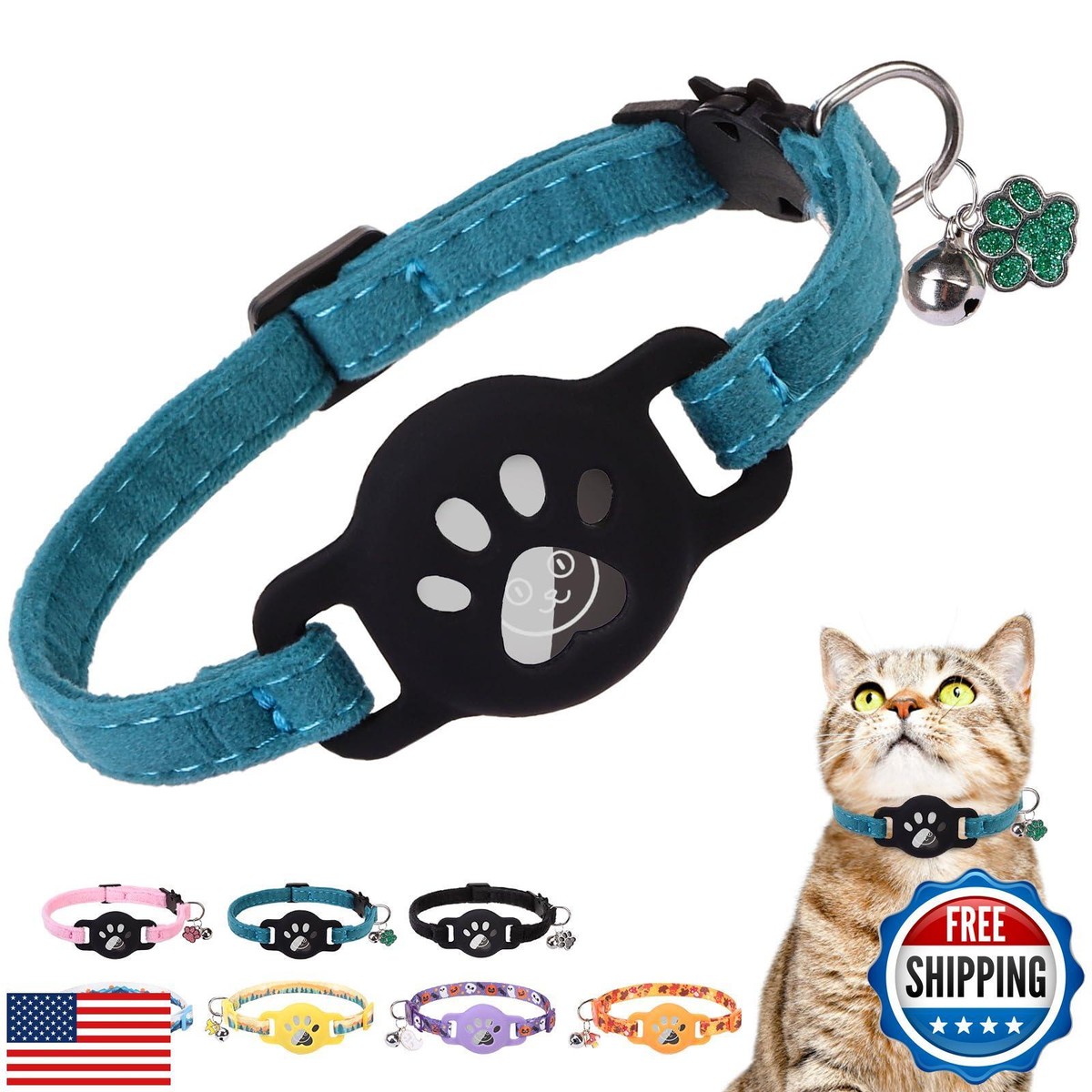 DILLYBUD AirTag Cat Collar with Bells, Soft Velvet Cat Collar Breakaway with