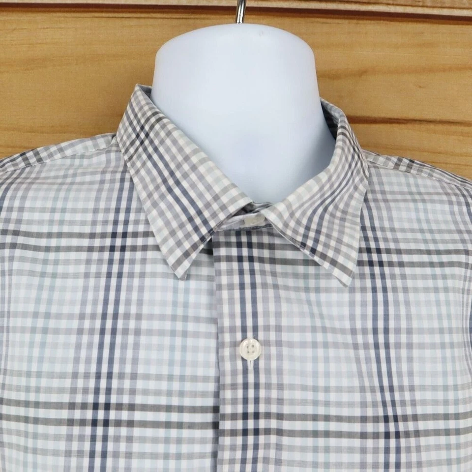 Camisa de vestir Perry Ellis sin planchar para hombre talla XL blanca gris algodón a cuadros manga larga Foto 4 de 4