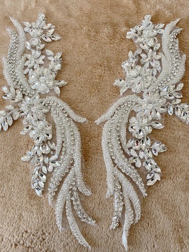 1 Paio Strass Rete Applique Motivo Perline Fiori Patch Vestiti Decorazione Abito - Foto 17 di 22
