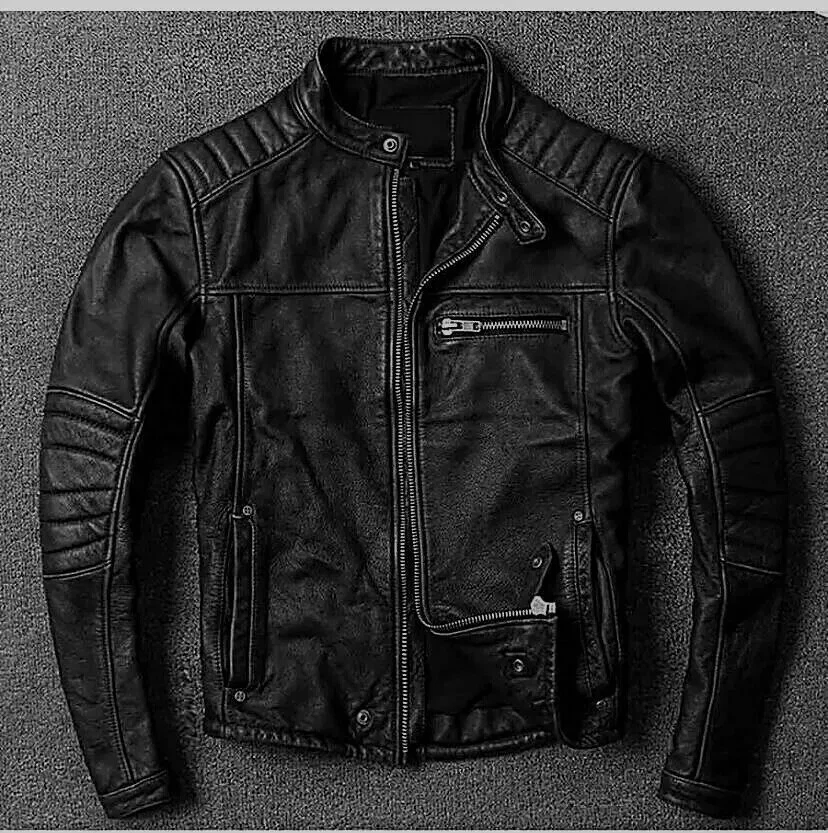 Men’s Motorcycle Biker Vintage Jacket Distressed Black Real Leather Jacket
