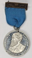 SCARCE! 1888 BENJAMIN HARRISON Medal 38mm BH-1888-3 White Metal w/Ribbon