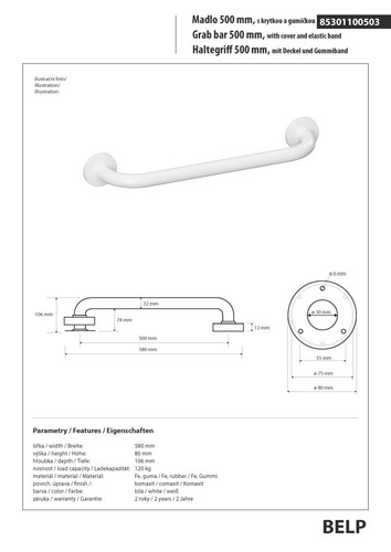 Manija de sujeción BELP acero inoxidable blanco con cubierta para baño y WC >> para perforar - Imagen 2 de 4