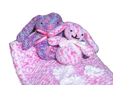 Crochet Blanket with Toys, Handmade Baby Throw, Plush Bunny, Baby Shower Gift