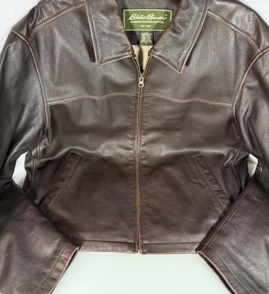 Vintage Eddie Bauer Men’s Brown Soft Leather Flight Bomber Jacket Coat Full Zip - Image 4 of 4