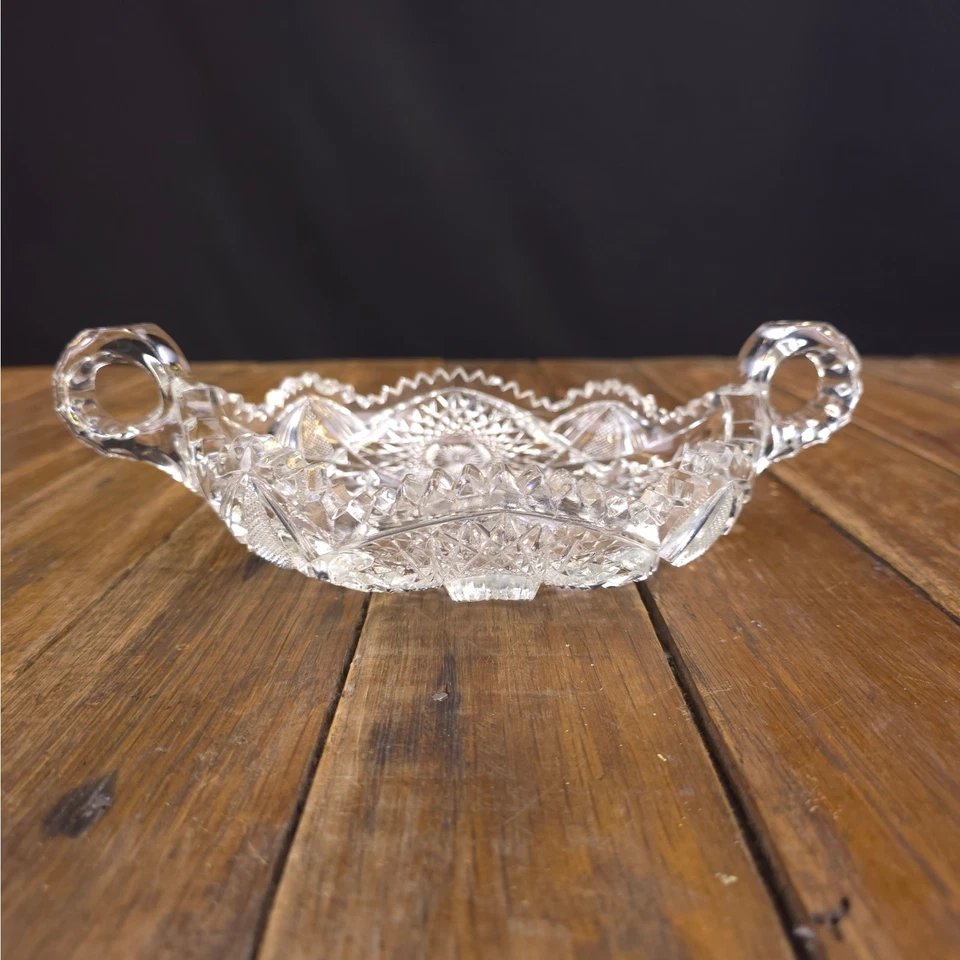 Plato de baratija vintage Imperial Nucut vidrio corte brillante 2 asas plato de caramelo Foto 4 de 4