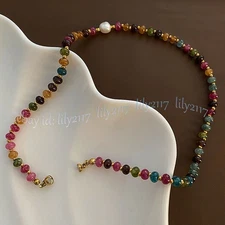 Natural Colorful Tourmaline Rondelle Gemstone Beads White Pearl Necklace 14-48''