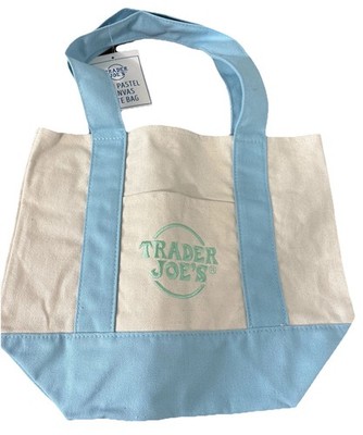 TRADER JOES Mini Canvas Tote Bag Spring 2025 Pastel Blue Green Embroidery
