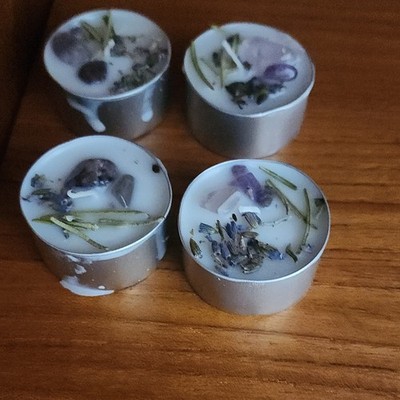 Handmade Intention Tealight Candles with Herbs and Crystals. Get 3 per order