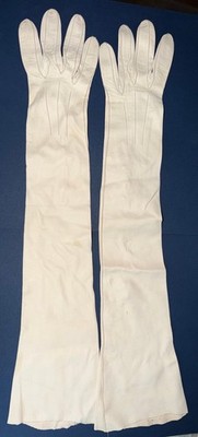 Antique White Kid Leather Opera Length Gloves Women's 21'' Long Pearl Buttons