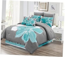 6 - Piece Aqua Blue, Grey, White Floral Comforter Set Twin Size Bedding 