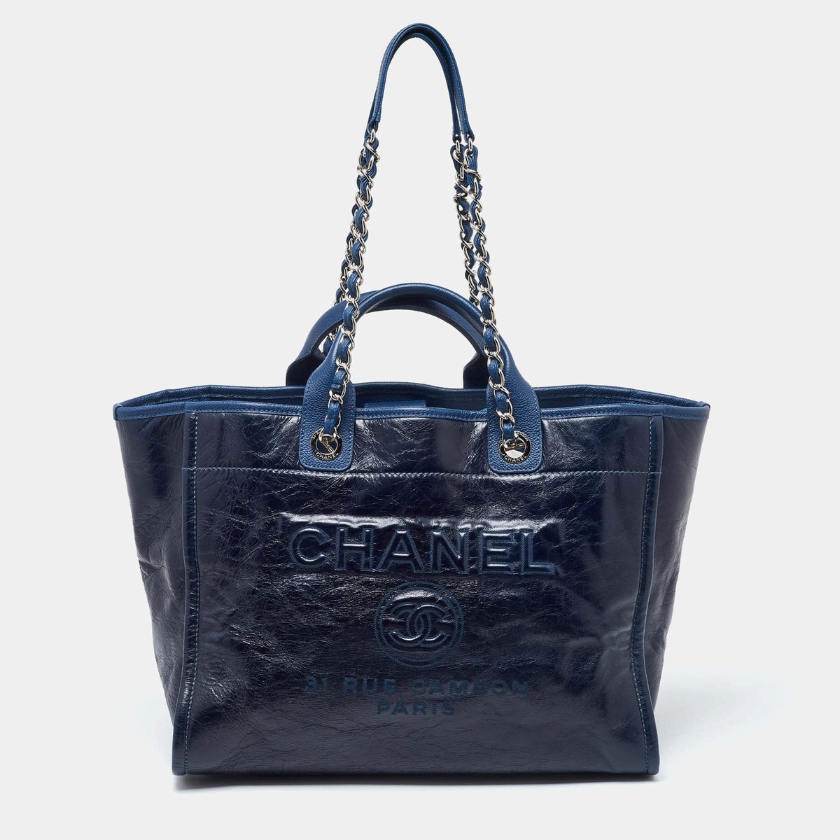 Chanel Deauville Large Navy Blue Leather Totes Bag | eBay