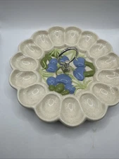Vintage Hand Painted CERAMIC 15 EGG PLATTER MUSHROOM DESIGN DEVILED EGGS PLATE
