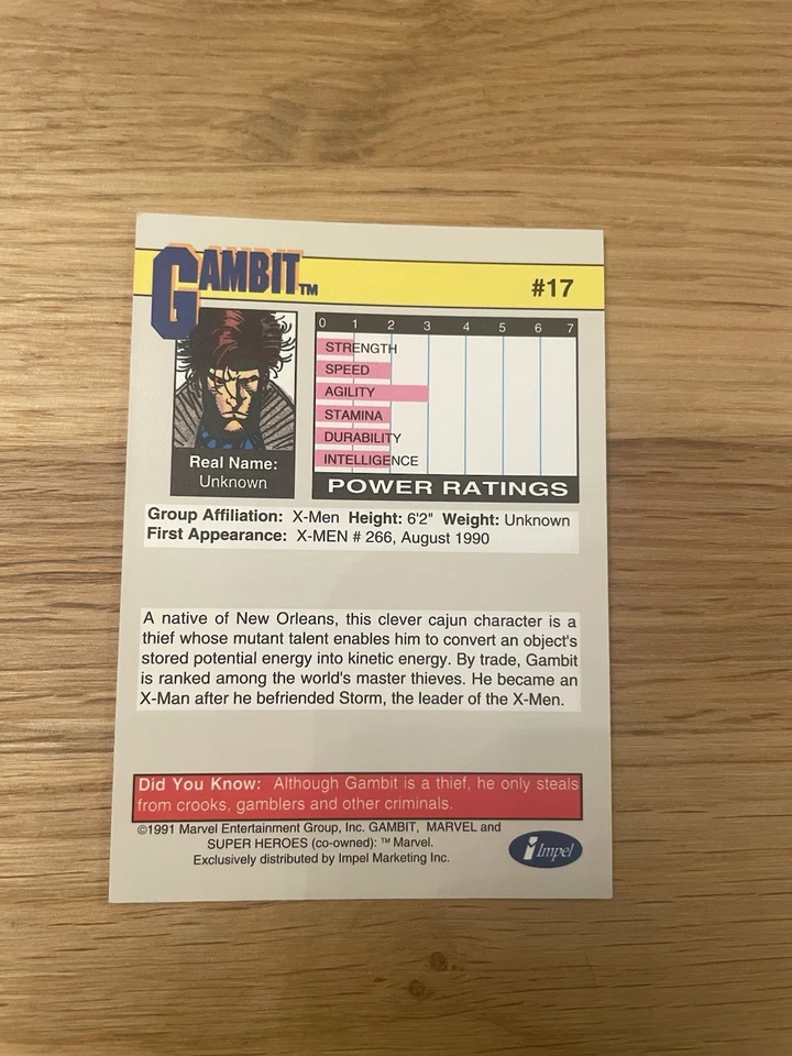Sammelkarte / Trading Card MARVEL 1991 Super-Heroes GAMBIT  #17 - Bild 2 von 2
