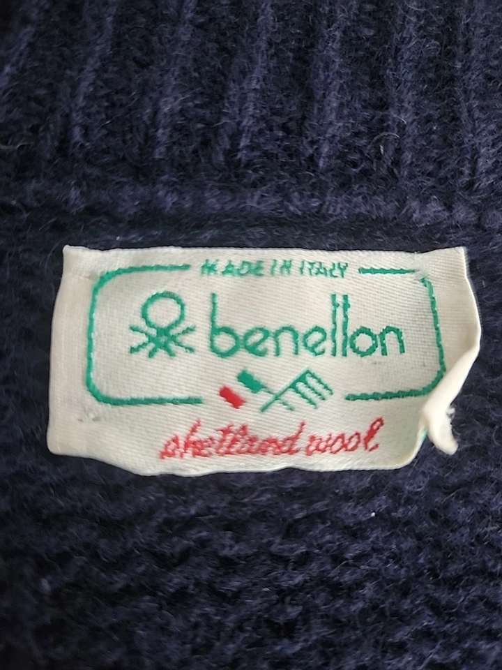 Cárdigan Suéter Vintage Años 90 Benetton Cortina Rayas Azul Lana Pura XL Pecho 52" Foto 4 de 4