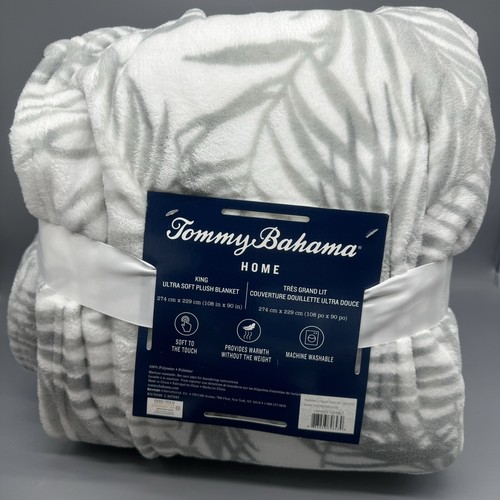 Tommy Bahama Palms Away KING Blanket Fronds Gray Off White Plush Micro Fleece - Picture 6 of 12
