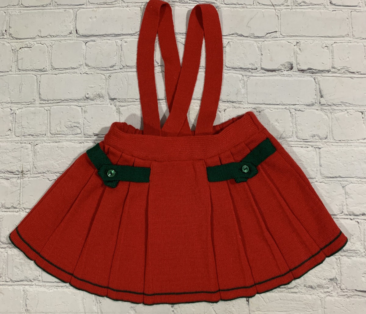 Vintage Toddler 3T Girl Red Pleated Acrylic Skirt Criss Cross Adjustable  Straps