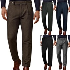 Men's Suit Tweed Pants Vintage Woolen Herringbone Pleated Suit Trousers 28-44