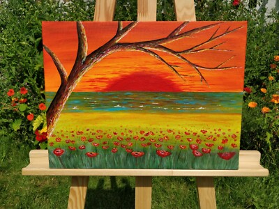 Sommers letzter Tanz Original Gemälde tiefe Leinwand orange Mohnfeld Mohnblumen Meer