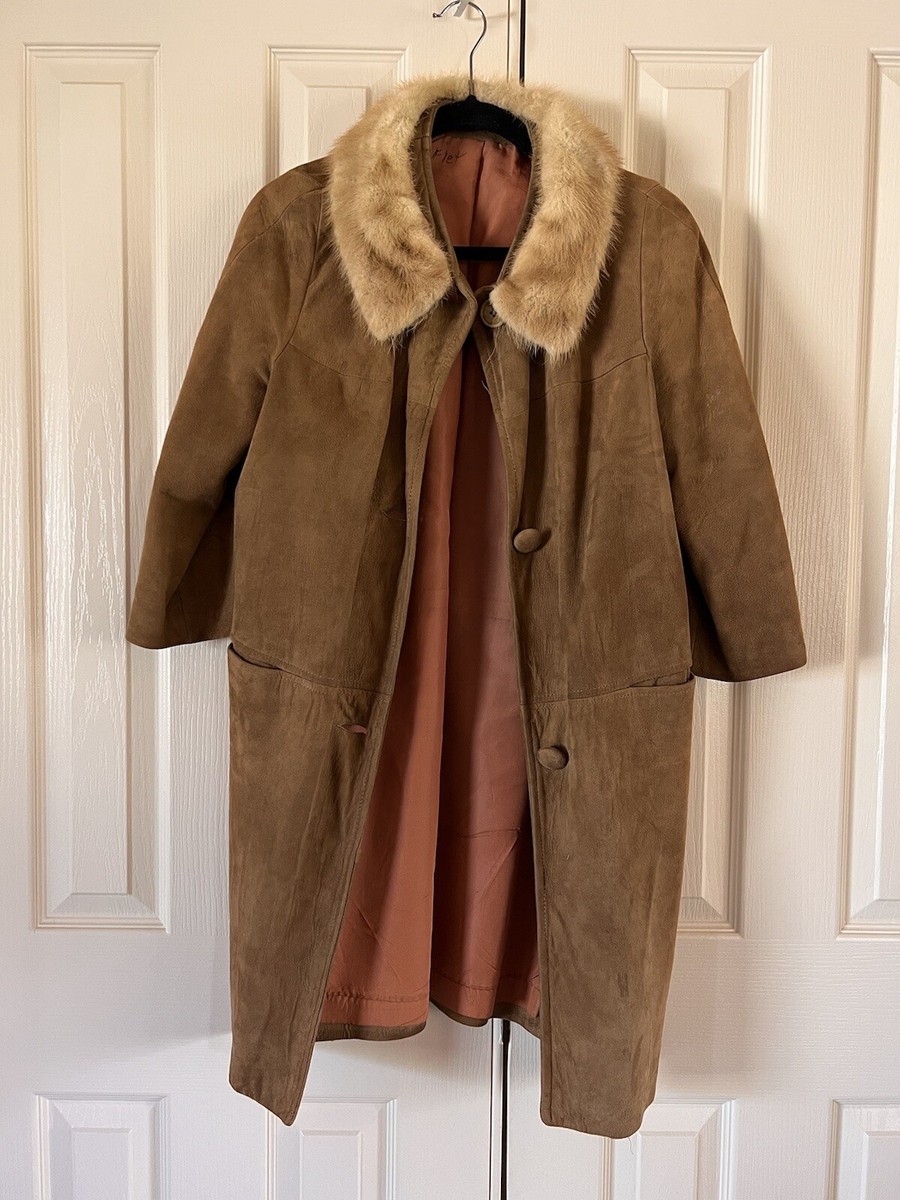 Vintage 50s 60s Womens S Long Suede Leather Jacket Mink Fur Collar