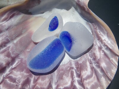 Sea Glass, Three Thick Cobalt Blue and Clear