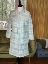 Vintage 1960's Blue Tan Brocade Cocktail Dress and Overcoat 2Pc Set Size 12 Med