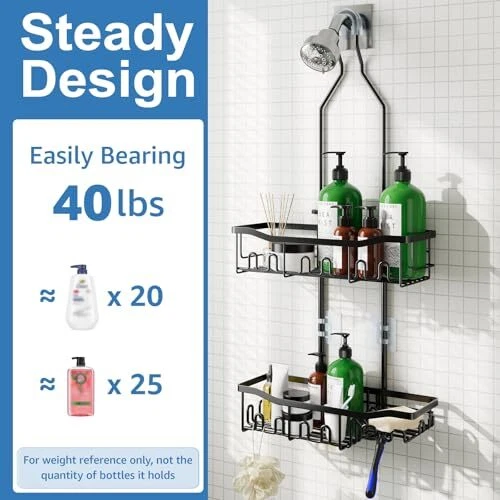 Shower Caddy, Upgraded Extended Length Shower Caddy Over Showerhead No Black