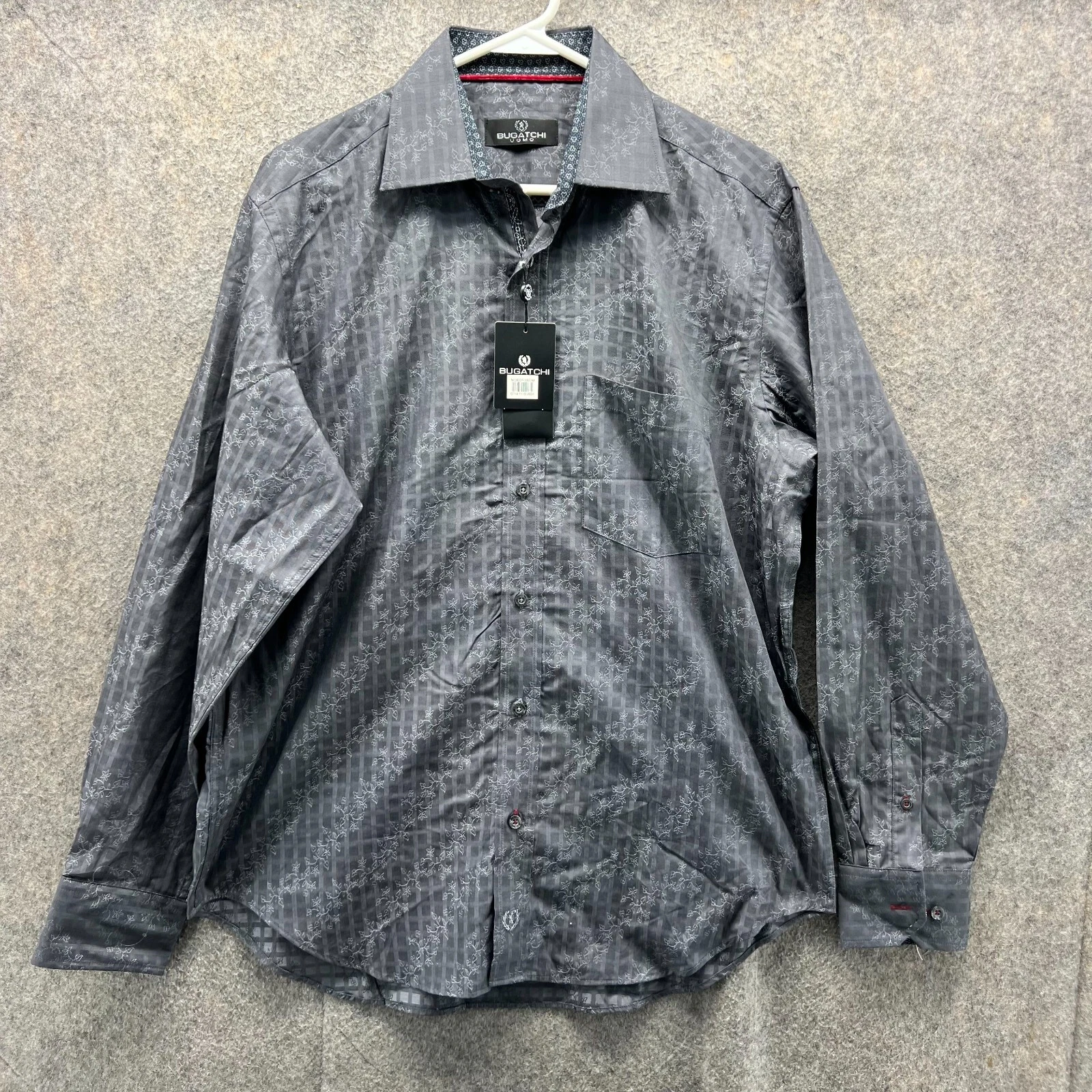 Bugatchi Shirt Mens Medium Gray Charcoal Button Down Check Floral Dress NEW $145