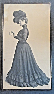 VTG Woman Ancestry Photo 5x9'' Long Fashionable Black Dress Feathered Hat Bouquet