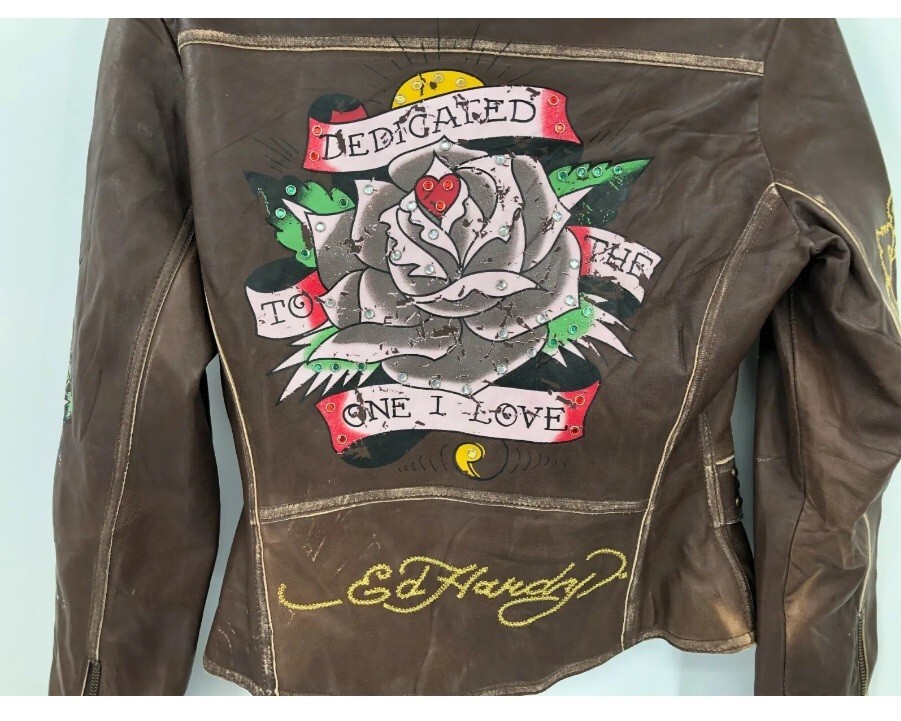 🚨🔥Vintage Ed Hardy Hardy Christian Audigier Womens Leather Jacket SM Moto image 4