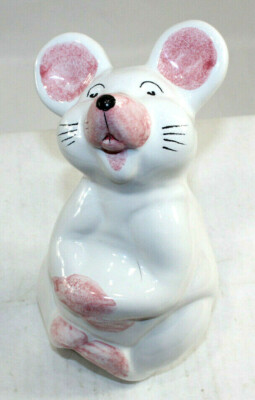 Ceramic White Rat Mouse Figurine Hand Painted Pink Collectible Home Decor 6.5''