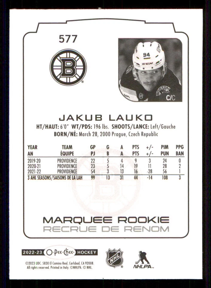 2022-23 O-Pee-Chee #577 Jakub Lauko RC - Image 2 of 2