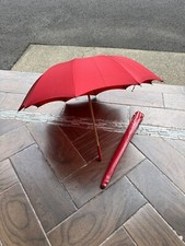 Antique Vintage 50  s Classic Red Umbrella Leather Handle Brass Case