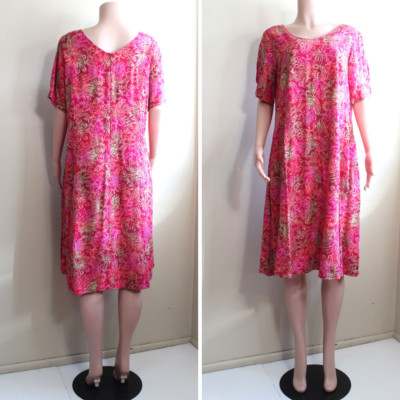 Blue Ginger A Line Dress L Red Pink Green Rayon Batik Boho Knee S/S Back Zip
