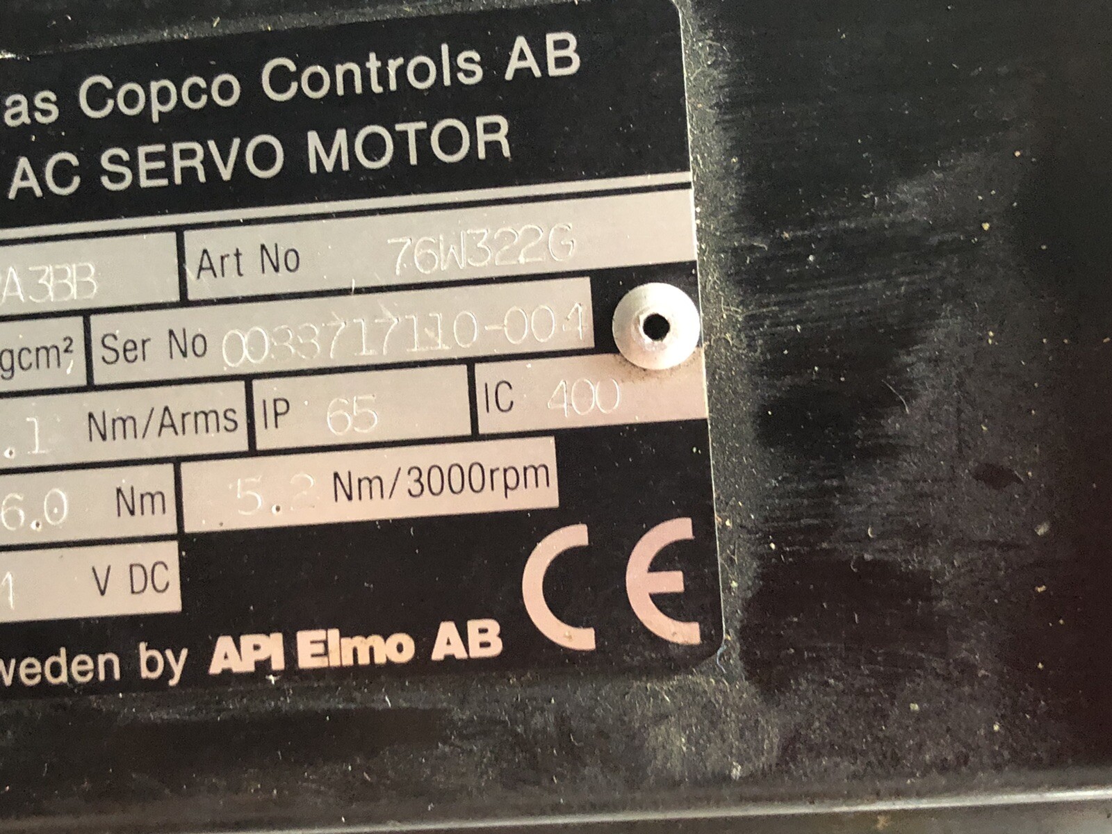 ATLAS COPCO EP 115131-62A3BB AC SERVO MOTOR,24VDC,76W322G API ELMO,11513162a,Bv