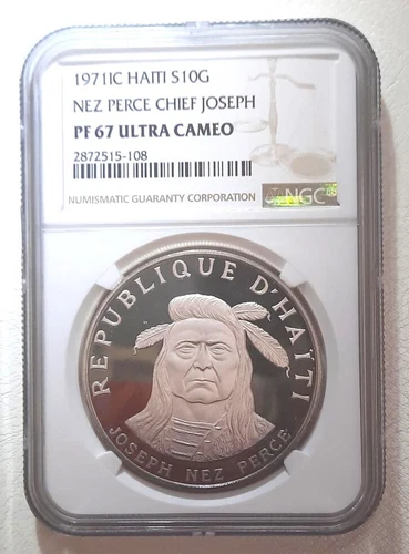 1971-C HAITI NEZ PERCE CHIEF JOSEPH AG 10 GOURDES -- NGC PF 67 UC