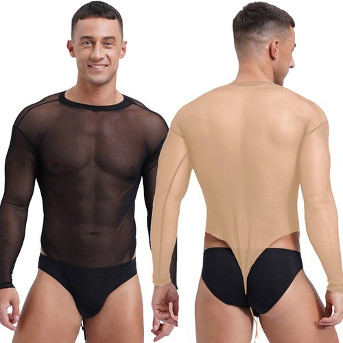 Mens Jumpsuit Mesh Leotard Sexy Bodysuit Long Sleeve Crew Neck Wrestling Sheer - Afbeelding 1 van 27