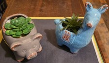 Używany zestaw 2 ceramicznych uchwytów na rośliny sukulenty / turkusowa alpaka lama-szara świnia