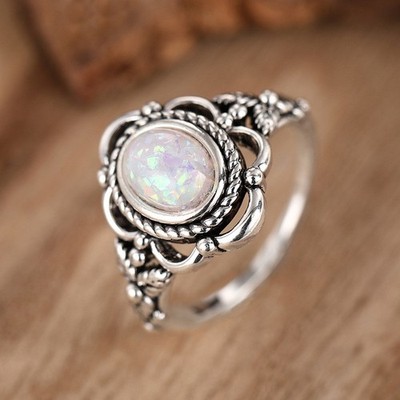 Ring Silber Synth. Opal Stein Vintage Stil Versilbert Damen Gr. 52-63 Schimmernd