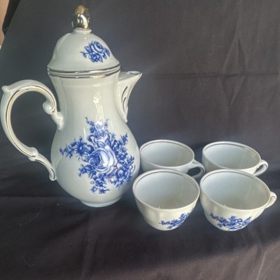 Wintering Bavaria Blue Floral Porcelain Tea Set w/ Teapot, 4 Cups, Glossy Finish