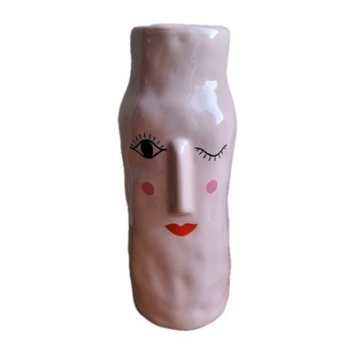 Rosa Keramik Gesicht Vase - skulpturales minimalistisches zwinkerndes Profil - modernes Boho Dekor