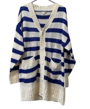 LuLaRoe Oversized Cardigan Sweater White Blue Stripes Size Medium Button Preppy