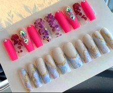 long square Press on nails rhinestones ombré marble encapsulated hearts flakes