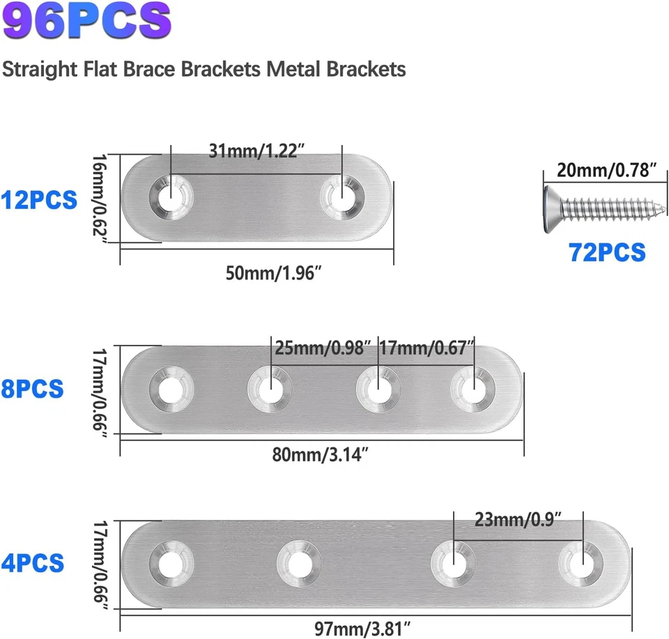 Soportes planos rectos de acero inoxidable 96 piezas, soporte de metal, placa de reparación, metal B Foto 3 de 4