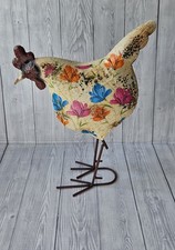 Cream Hen Metal Sculpture Garden Ornament with flower detail 16 inch