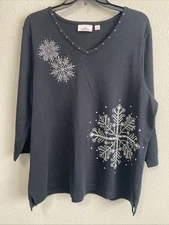 Vintage Quacker Factory Sweater Womens XL Black Snowflake Christmas Top Festive