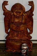 Happy Laughing Lucky Buddha Statue Wood Hand Carved 21"x 12"